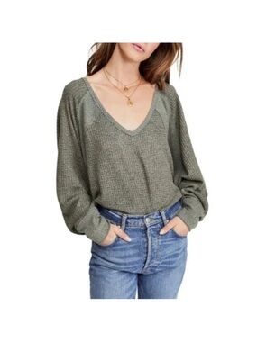We The Free Olive Green V-Neck Waffle Knit Sweater